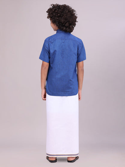 Kids Dark Blue Color Cotton Shirt with Matching Border Dhoti Combo back pose
