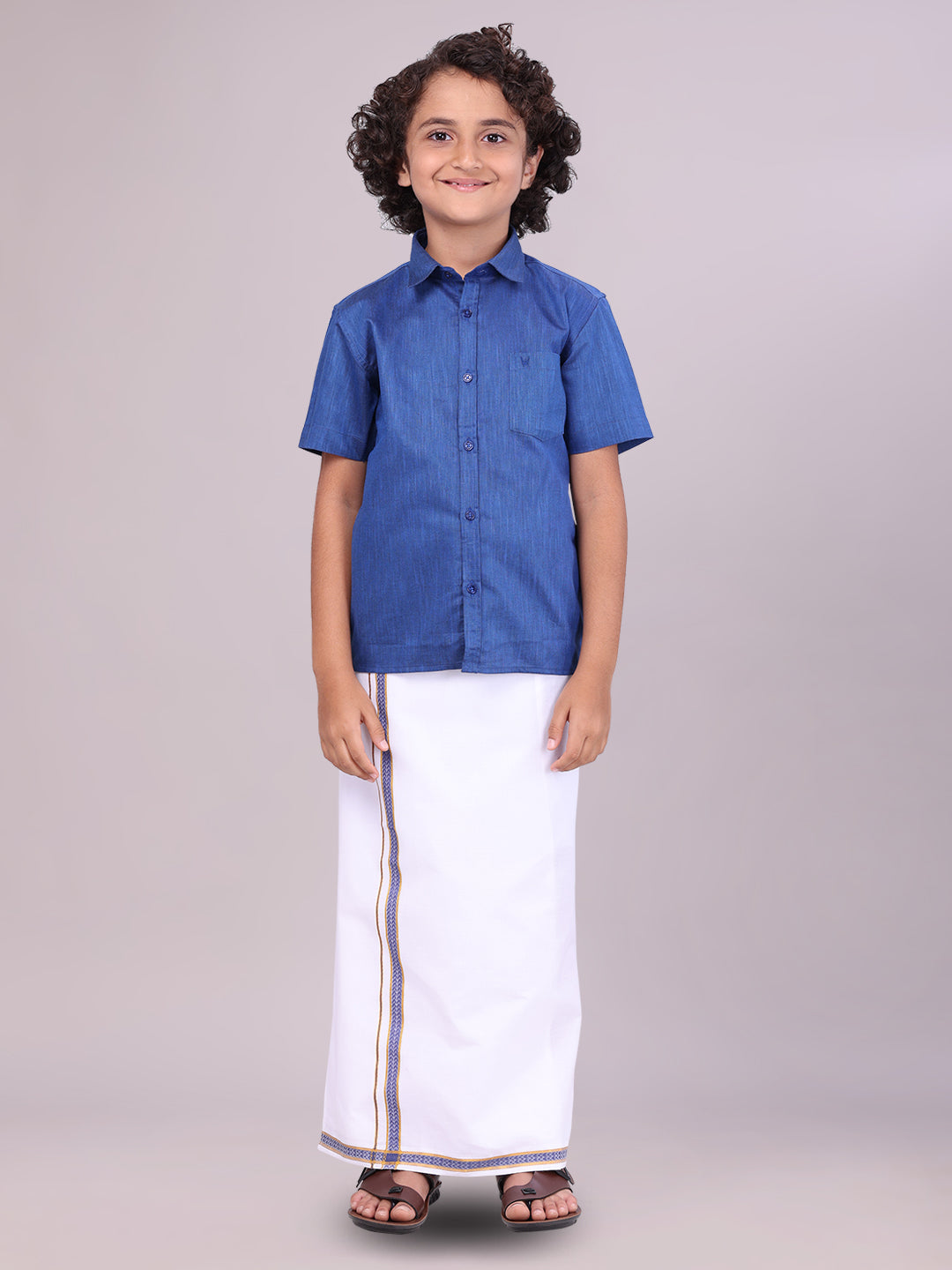 Boys Matching Dark Blue Half Sleeves Shirt with Flexi Dhoti Combo 