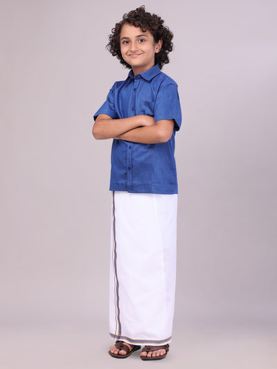 Boys Matching Dark Blue Half Sleeves Shirt with Flexi Dhoti Combo side pose