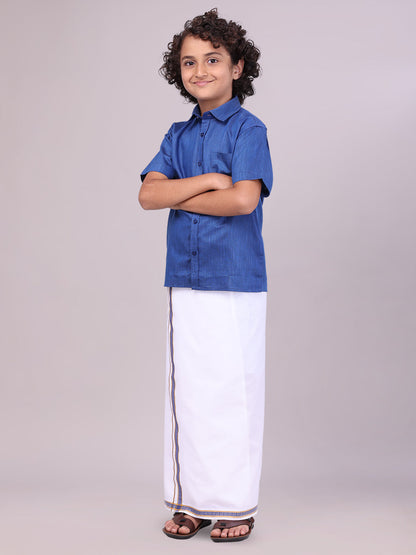 Kids Dark Blue Color Cotton Shirt with Matching Border Dhoti Combo