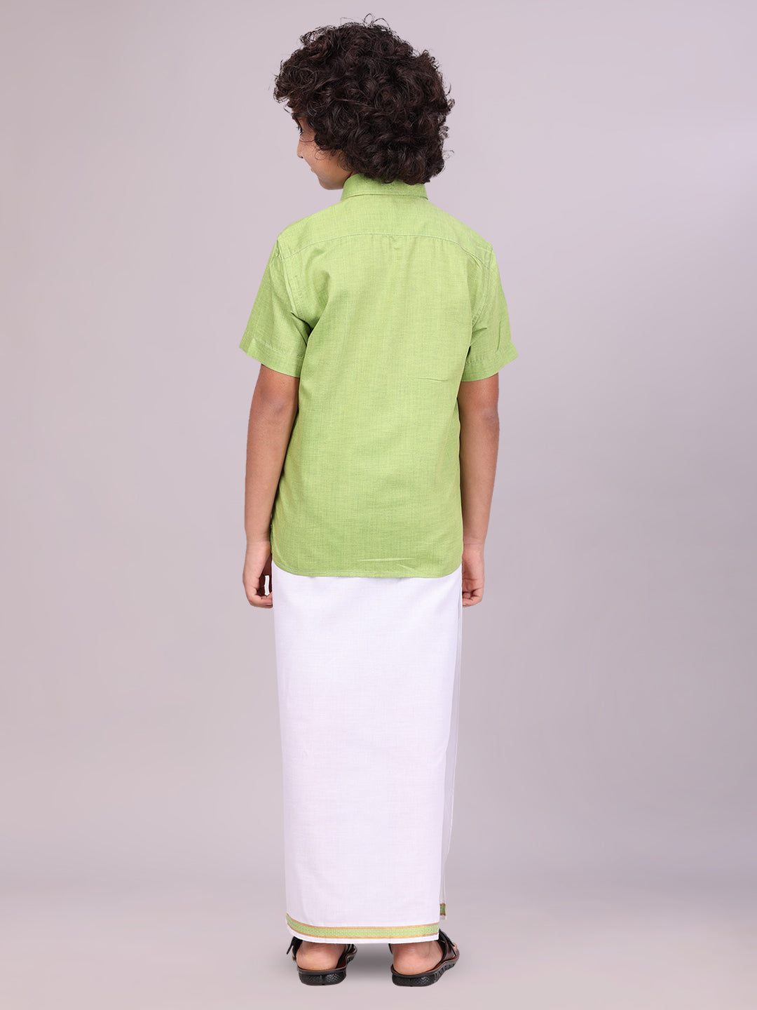 Boys Light Green Matching Half Sleeves Shirt with Fancy Flexi Dhoti Combo back pose