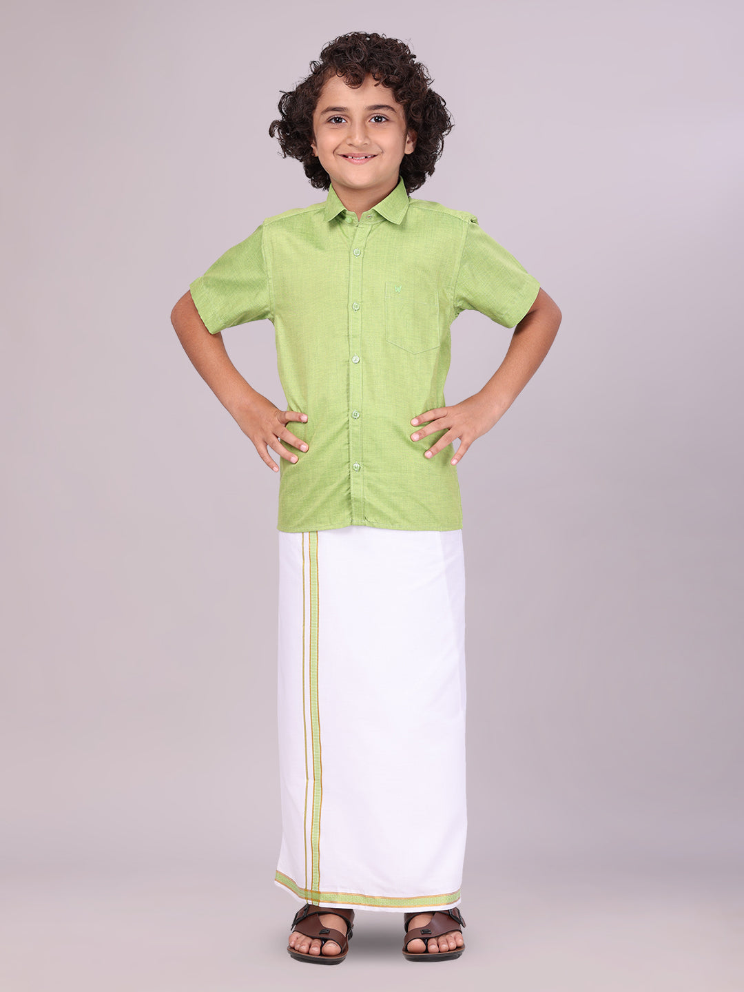 Boys Light Green Matching Half Sleeves Shirt with Fancy Flexi Dhoti Combo 