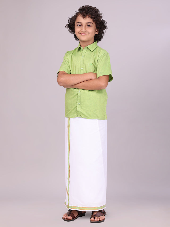 Boys Light Green Matching Half Sleeves Shirt with Fancy Flexi Dhoti Combo side pose