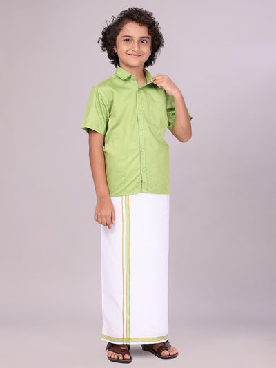 Boys Light Green Matching Half Sleeves Shirt with Fancy Flexi Dhoti Combo side pose