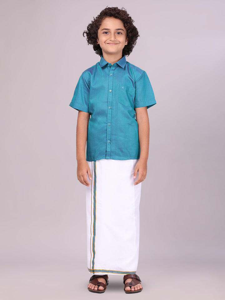 Boys Teal Matching Half Sleeves Shirt with Fancy Flexi Dhoti Combo