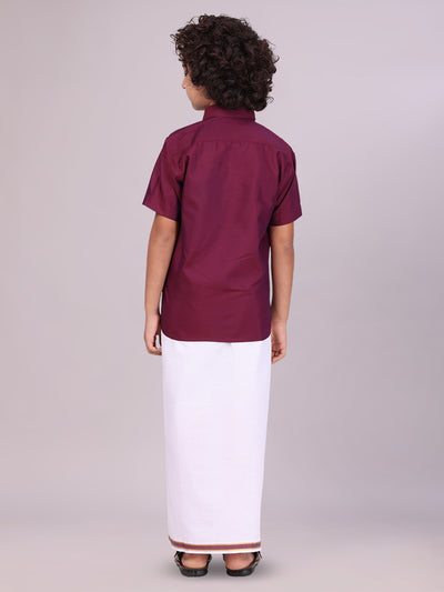 Boys Maroon Matching Half Sleeves Shirt with Fancy Flexi Dhoti Combo back pose