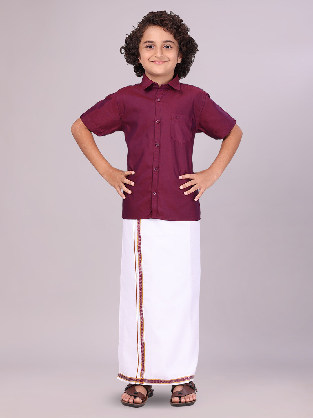 Boys Maroon Matching Half Sleeves Shirt with Fancy Flexi Dhoti Combo 