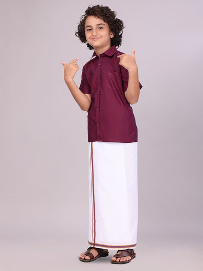 Boys Maroon Matching Half Sleeves Shirt with Fancy Flexi Dhoti Combo side pose