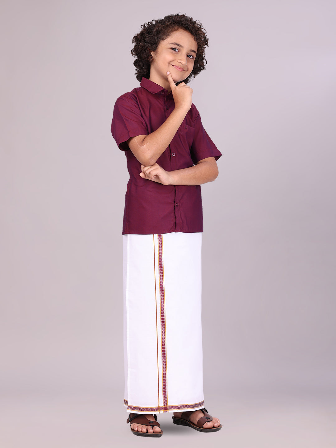 Boys Maroon Matching Half Sleeves Shirt with Fancy Flexi Dhoti Combo side pose