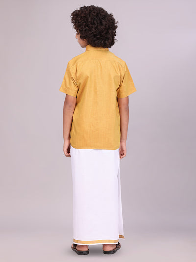 Boys Gold Matching Half Sleeves Shirt with Fancy Flexi Dhoti Combo back pose