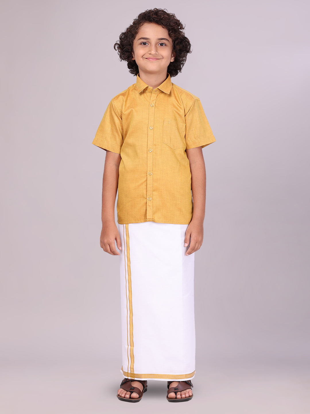 Boys Gold Matching Half Sleeves Shirt with Fancy Flexi Dhoti Combo front pose