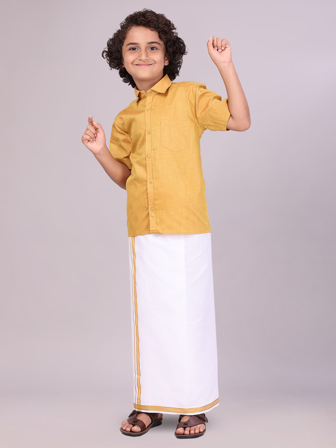 Boys Gold Matching Half Sleeves Shirt with Fancy Flexi Dhoti Combo side pose