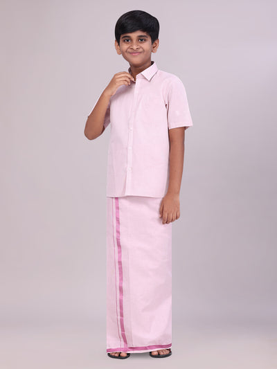 Boys Tissue Rose Colour Shirt with Dhoti Combo side pose