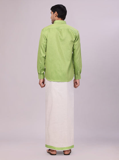 Men's Light Green Color Cotton Shirt with Matching Border Tissue Dhoti Combo back pose