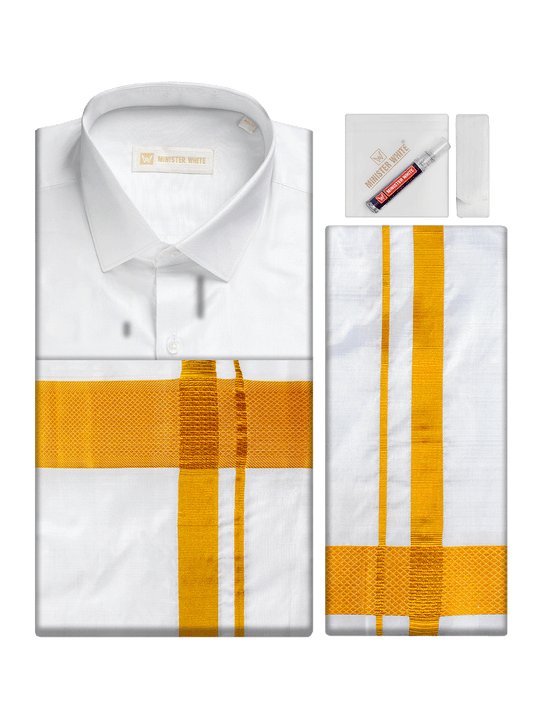 Men's Pure Silk Wedding White Shirt, Dhoti, Nerial with Belt Combo - Nesam 100K
