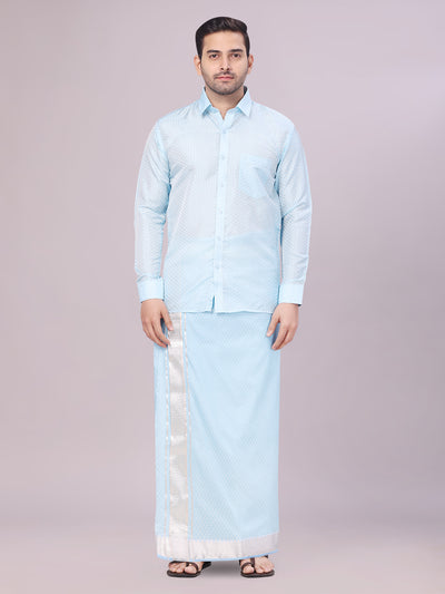 Men's Art Silk Sky Blue Jacquard Full Sleeves Shirt with 2 1/2" Jari Border & Towel Dhoti Combo Nautica