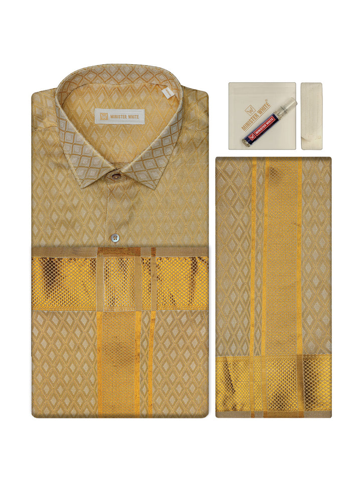 Mens Art Silk Gold Full Sleeves Shirt with 2 1/2" Gold Jari Border Dhoti Combo Spruce