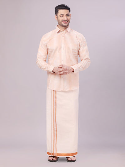 Men's Tissue Stripes Copper Shirt with Plain Jari Border Dhoti Wedding Combo Carter