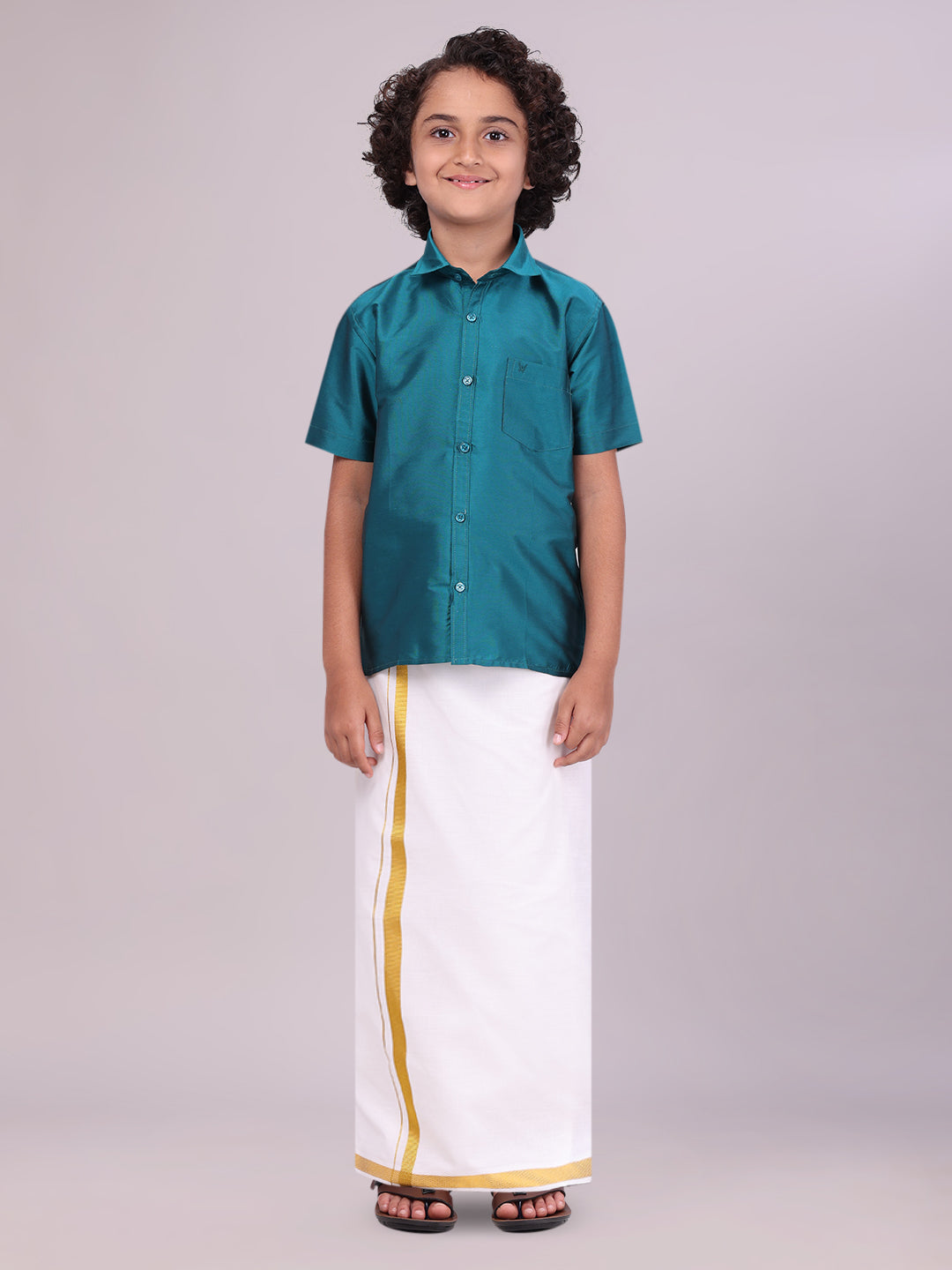 Boys Art Silk Aqua Blue Half Sleeves Shirt with Gold Jari Flexi Dhoti Towel Combo