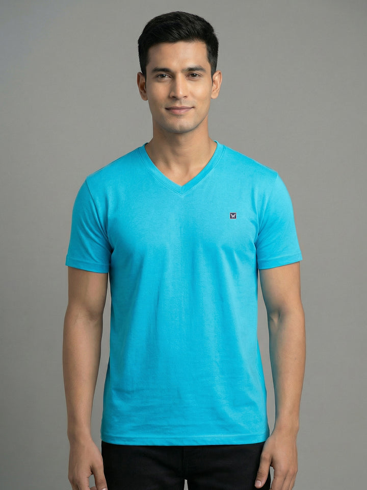 Men's Aqua Regular Fit V-Neck T-Shirt Caliber