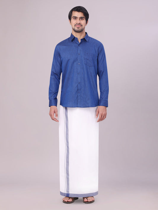 Men's Dark Blue Colour Shirt with Matching Fancy Border Dhoti Combo Lemax