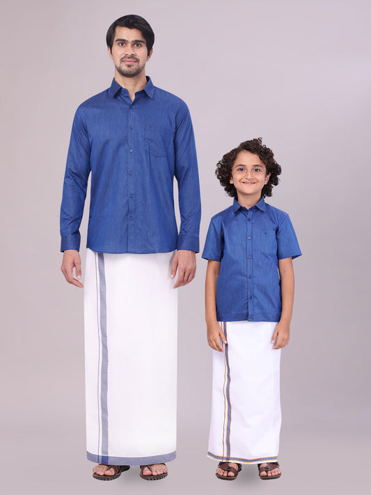 Father & Son Dark Blue Color Cotton Shirt with Matching Border Dhoti Combo
