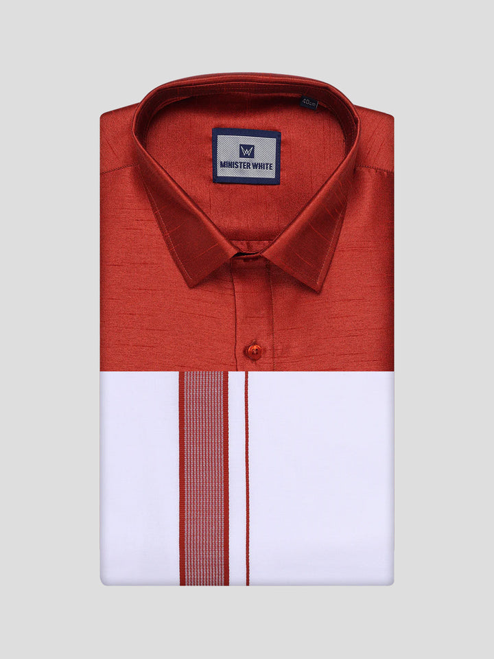 Mens Red Dupion Satin Shirt with Matching Border Dhoti Combo Gora