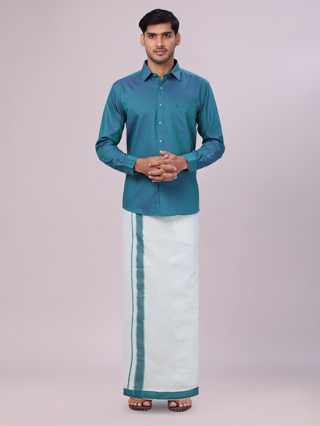 Men's Cotton Green Shirt with Tissue Matching Border Dhoti Wedding Combo Kandala