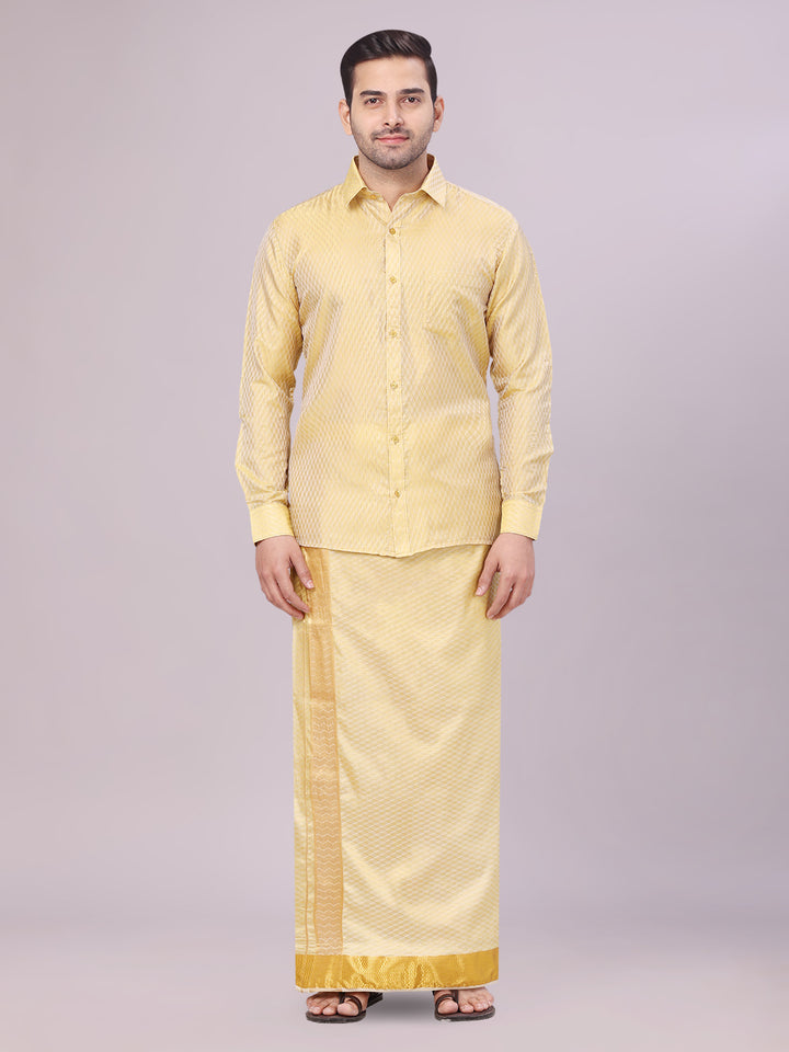 Men's Art Silk Mango Gold Full Sleeves Shirt with 2 1/2" Gold Jari Border Dhoti Combo Neogen