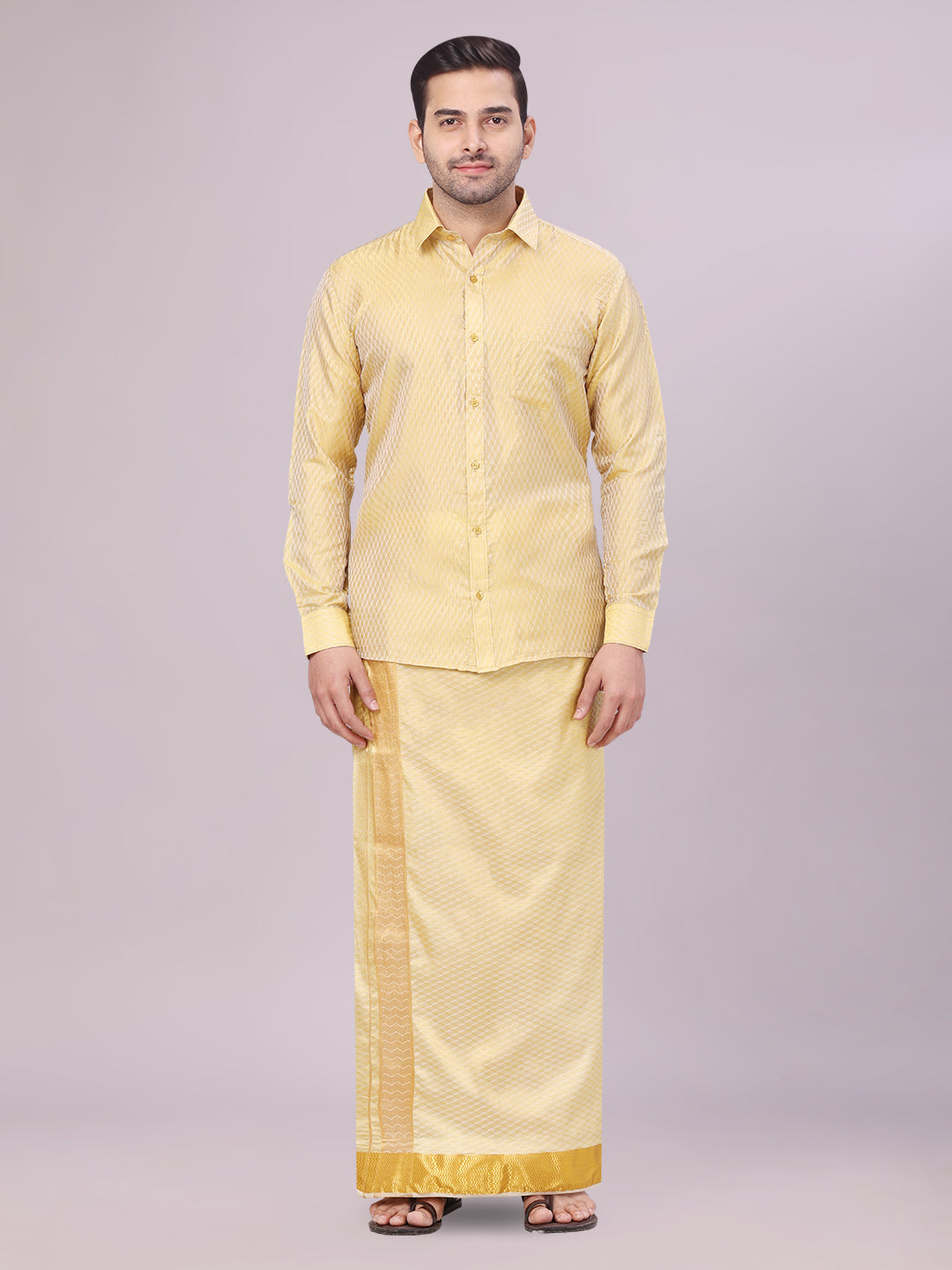 Men's Art Silk Mango Gold Full Sleeves Shirt with 2 1/2" Gold Jari Border Dhoti Combo Neogen