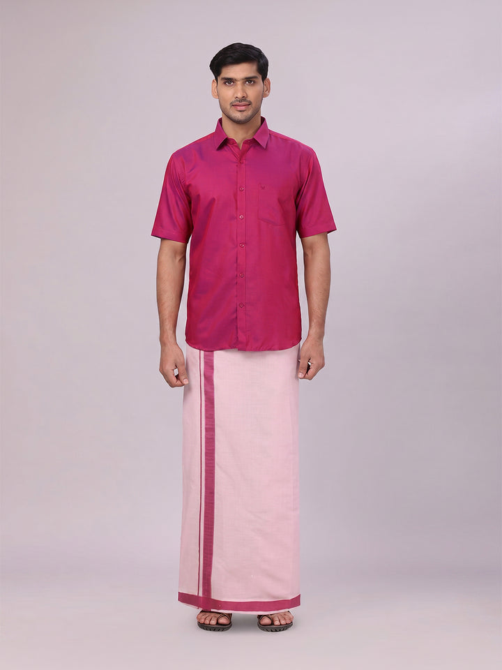 Mens Cotton Magenta Shirt with Tissue Matching Border Dhoti Wedding Combo Kandala