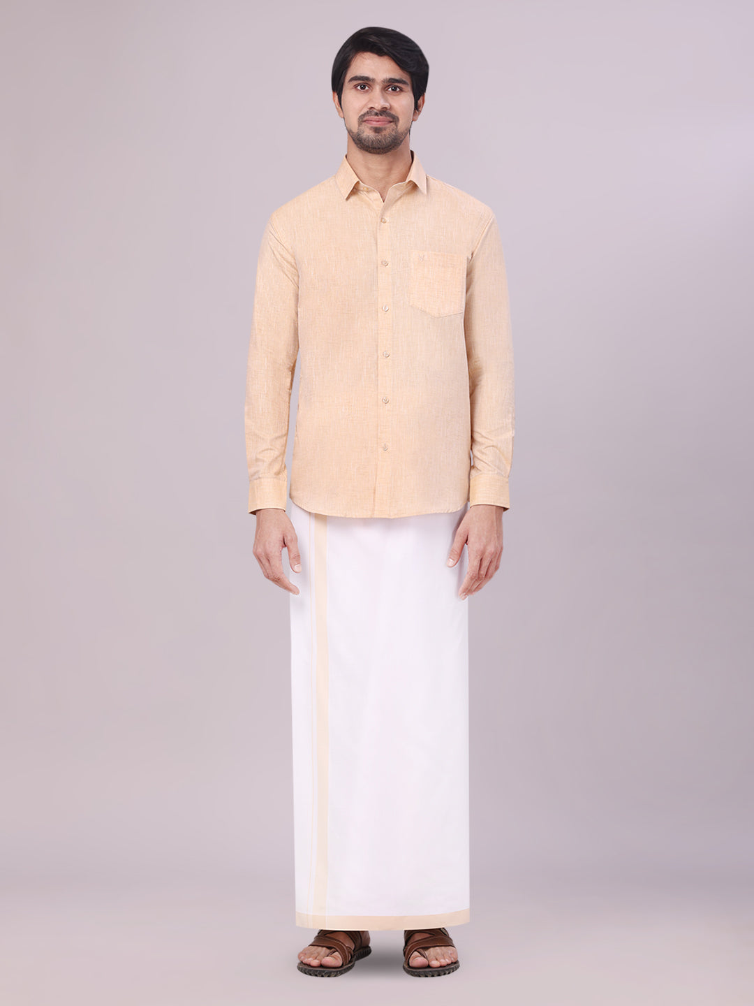 Mens Light Sandal Colour Shirt with Matching Fancy Border Dhoti Combo Lemax