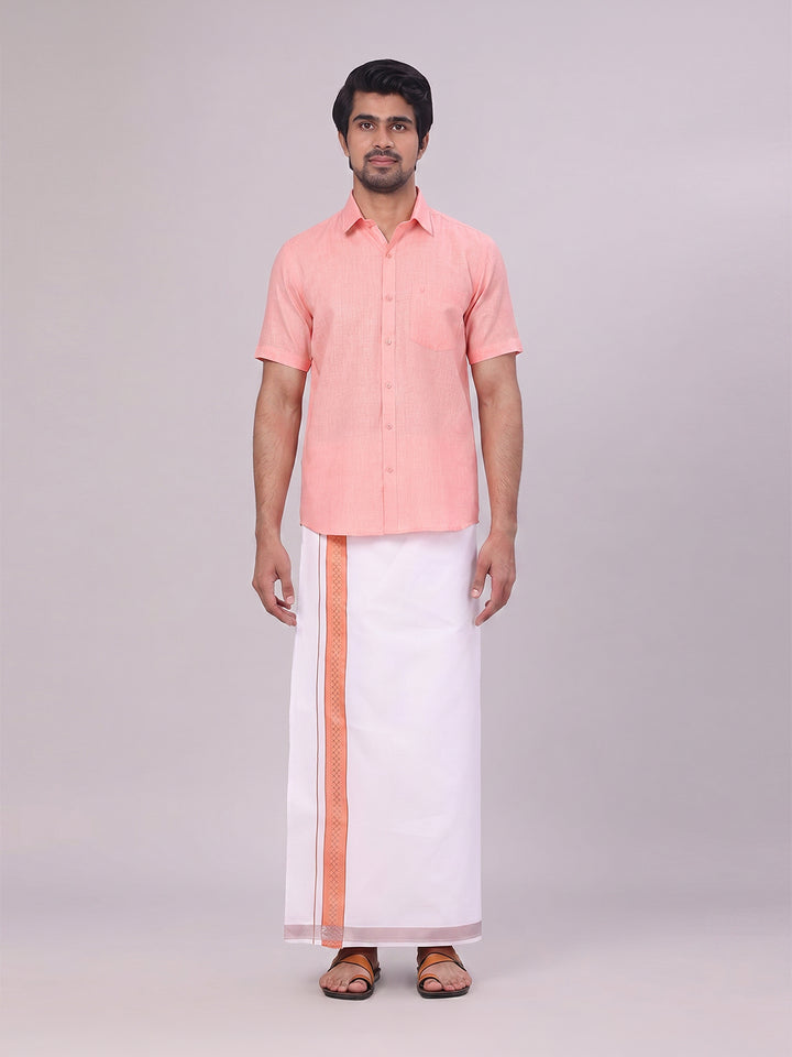 Mens Coral Pink Shirt with Matching jacquard Weave Border Dhoti Combo Marsh