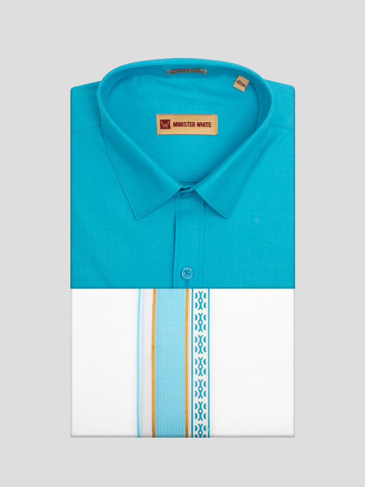 Men's Sky Blue Color Shirt with Matching Fancy Printed Border Dhoti Combo Casper Trends