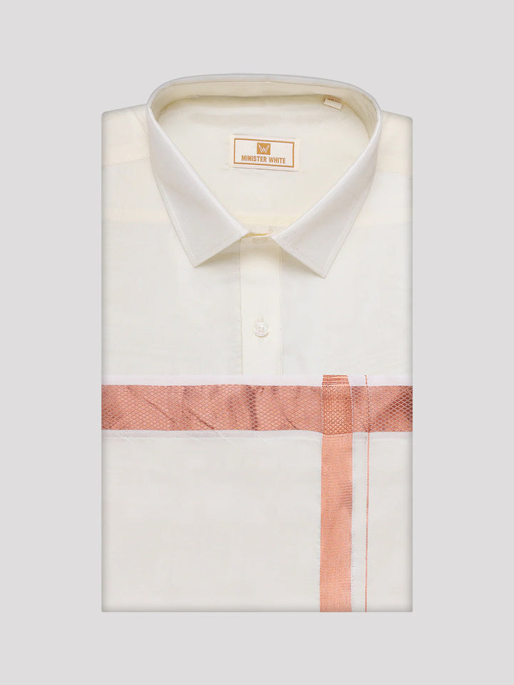 Men's Art Silk Cream Full Sleeves Shirt with Copper Jari Border Dhoti Combo Finesse