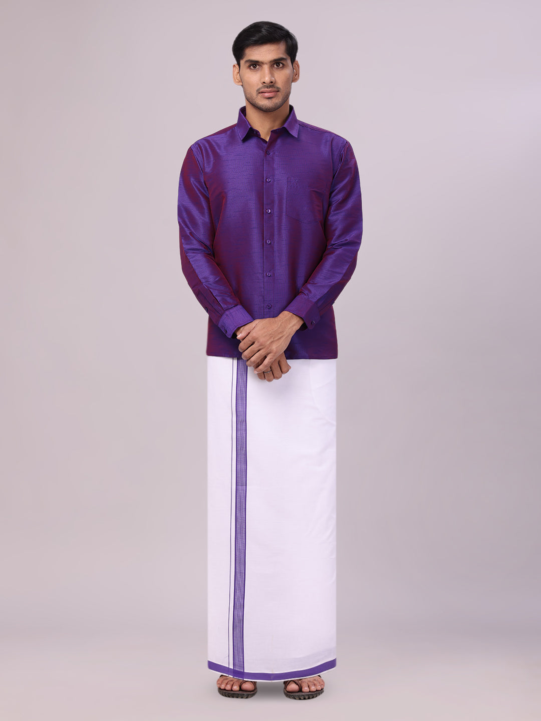 Men's Violet Dupion Satin Color Shirt with Matching Border Flexi Dhoti Combo Gora Flexi