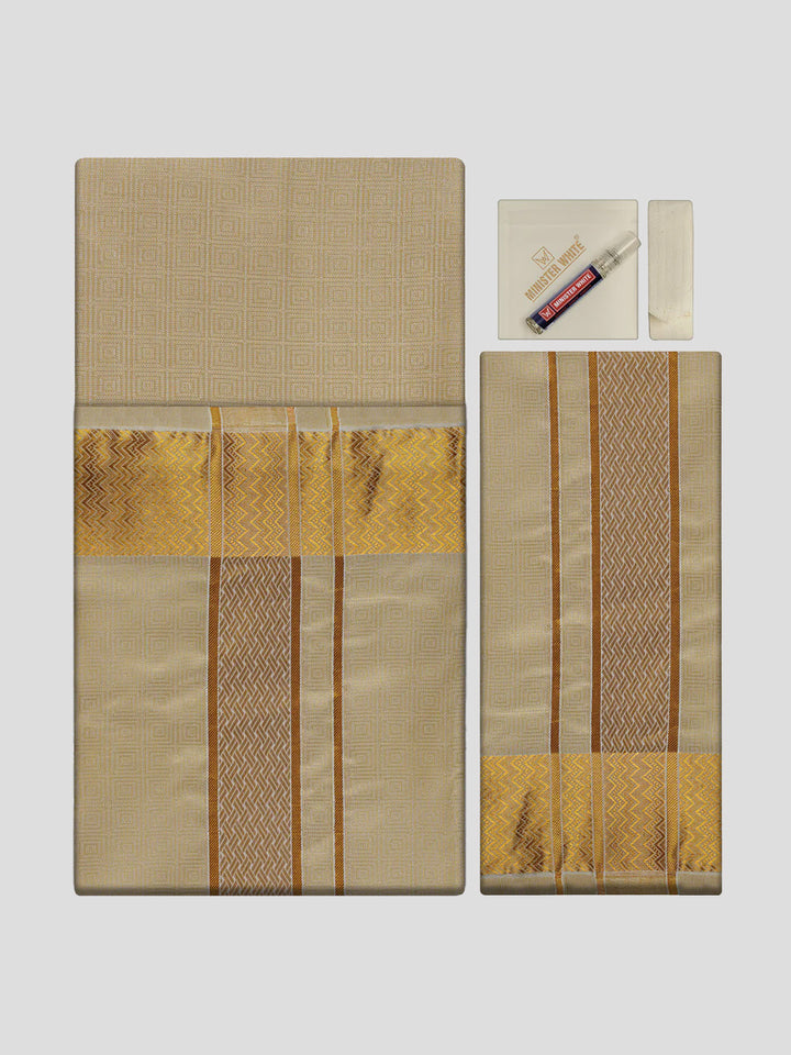 Men's Premium Art Silk Fawn Shirt Bit with 2 1/2" Gold Jari Border Dhoti Towel Combo Sieger