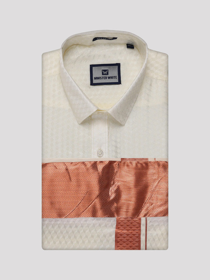 Mens Art Silk Cream Full Sleeves Shirt with 4" Copper Jari Border Dhoti Combo Nautica