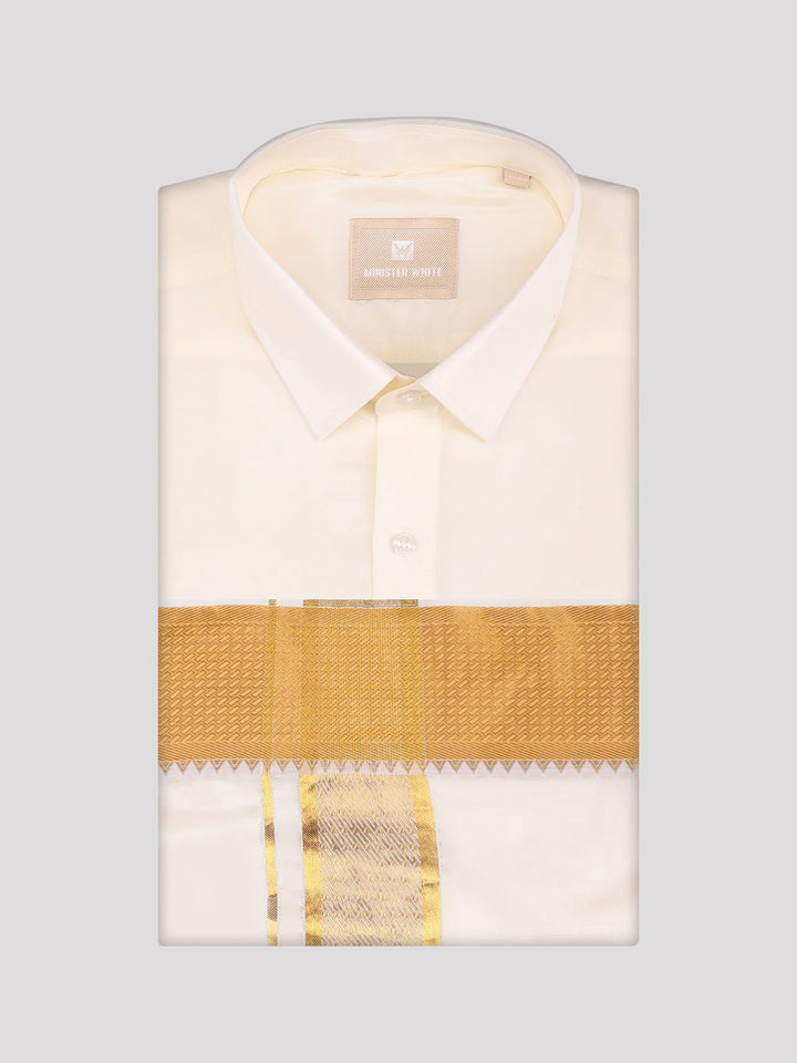 Men's Art Silk Cream Full Sleeves Shirt with 3 1/2" Gold Jari Border Dhoti Combo Mangal