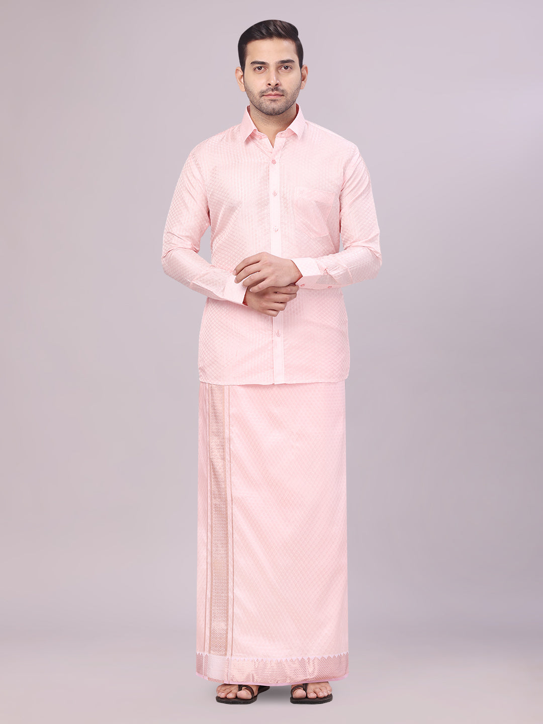 Men's Art Silk Pink Full Sleeves Shirt with 2 1/2" Copper Jari Border Dhoti Combo Neogen