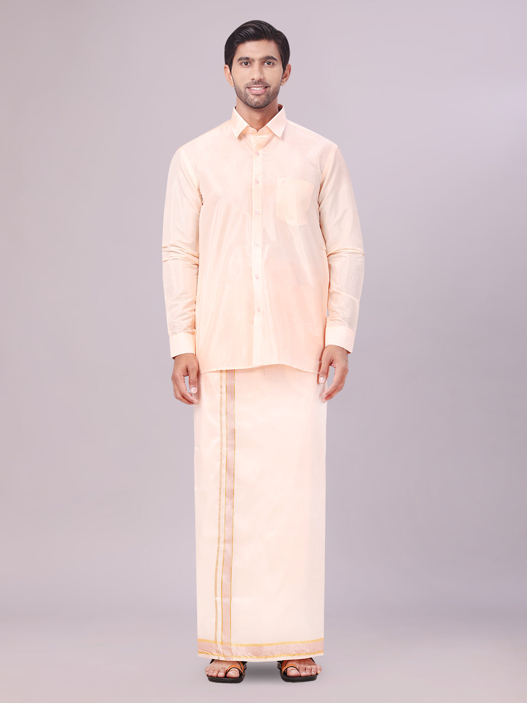 Mens Art Silk Light Peach Full Sleeves Shirt with Gold Jari Border Dhoti & Towel Combo Blush