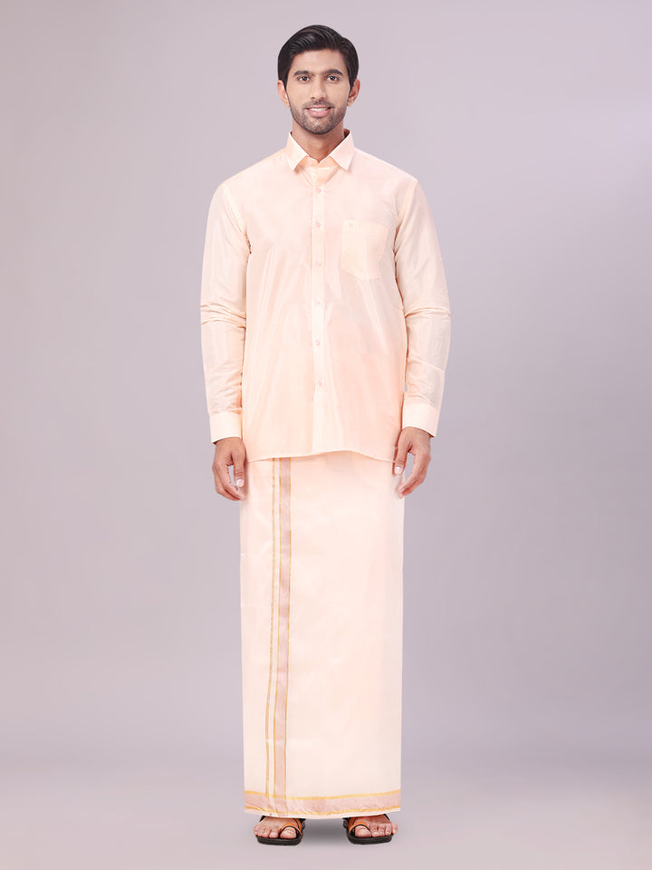 Mens Art Silk Light Peach Full Sleeves Shirt with Gold Jari Border Dhoti & Towel Combo Blush