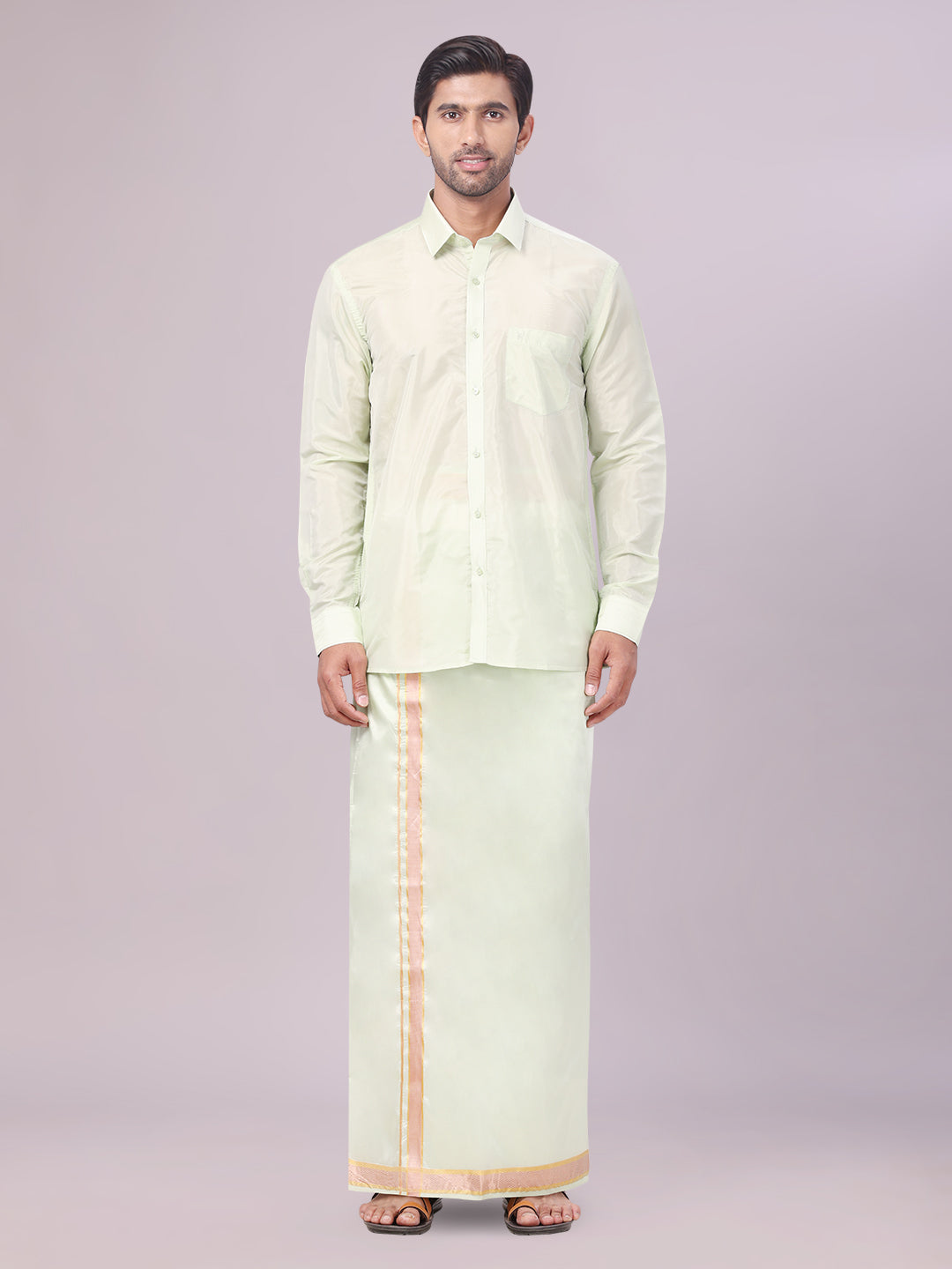 Mens Art Silk Pista Green Full Sleeves Shirt with Gold Jari Border Flexi Dhoti Combo Finesse