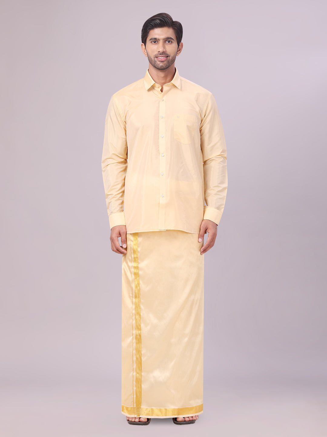 Men's Art Silk Medium Gold Full Sleeves Shirt with Gold Jari Border Dhoti Combo Finesse