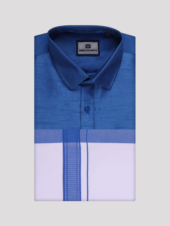 Mens Blue Dupion Satin Color Shirt with Matching Border Dhoti Combo Gora
