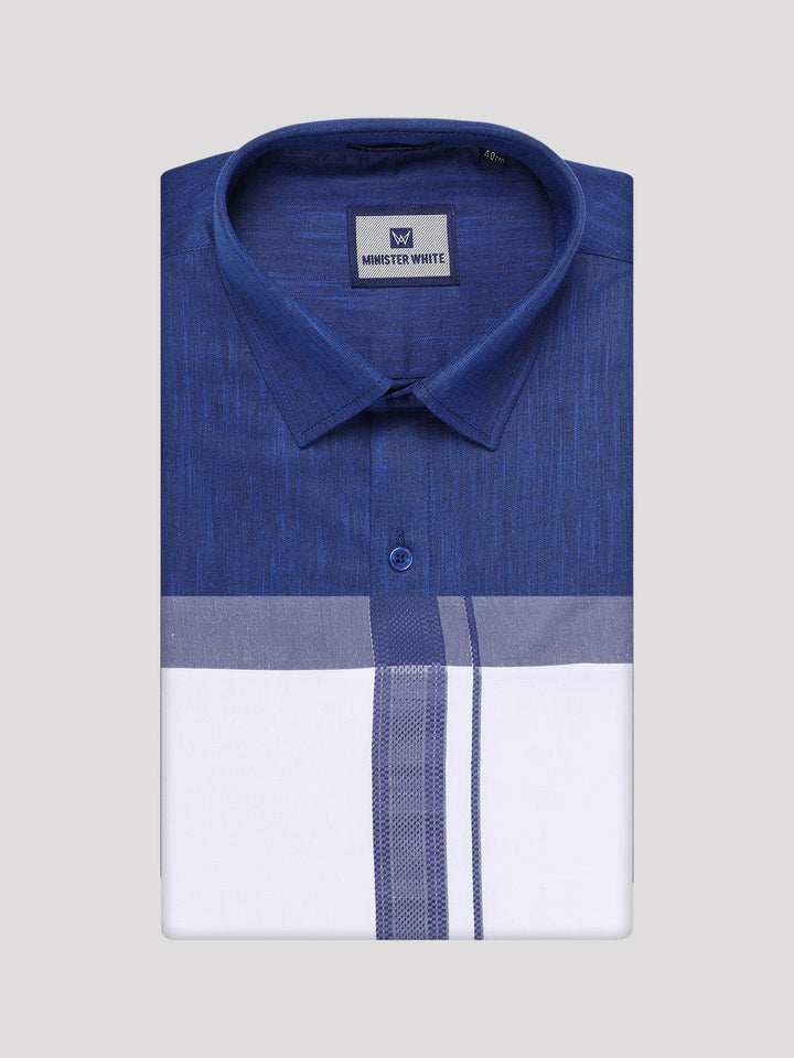 Mens Dark Blue Colour Shirt with Matching Fancy Border Dhoti Combo Lemax