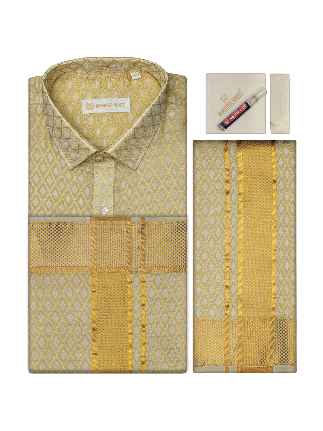 Mens Art Silk Jacquard Fawn Full Sleeves Shirt with 2 1/2"  Gold Jari Border & Towel Dhoti Combo Spruce