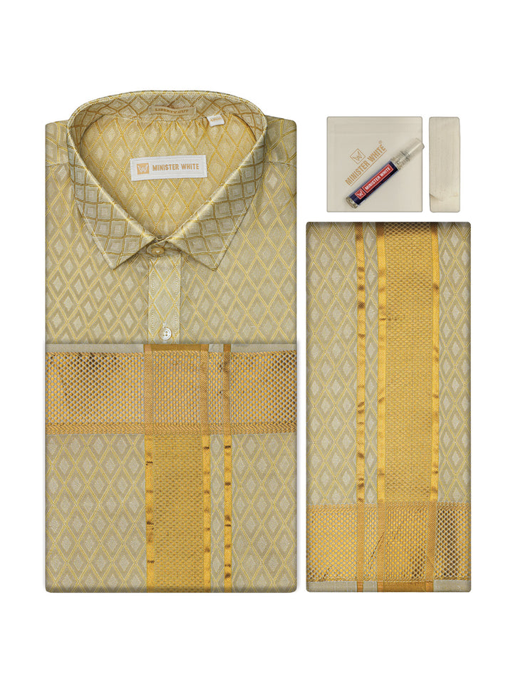 Mens Art Silk Jacquard Fawn Full Sleeves Shirt with 2 1/2"  Gold Jari Border & Towel Dhoti Combo Spruce