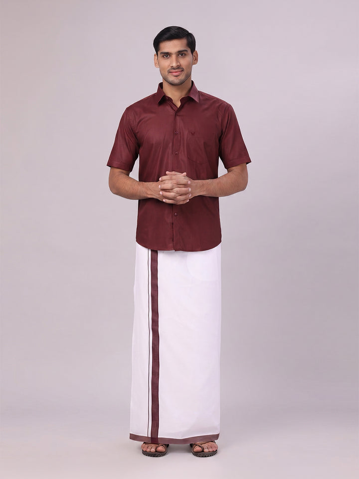Mens Maroon Color Shirt with Matching Border Dhoti Combo Casper