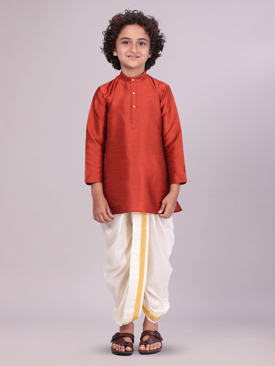 Boys Brown Colour Kurtha with Gold Jari Panchakacham Combo Chitrang